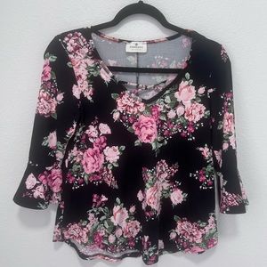 Threads Studio Floral Black Pink White Blouse Size Small
